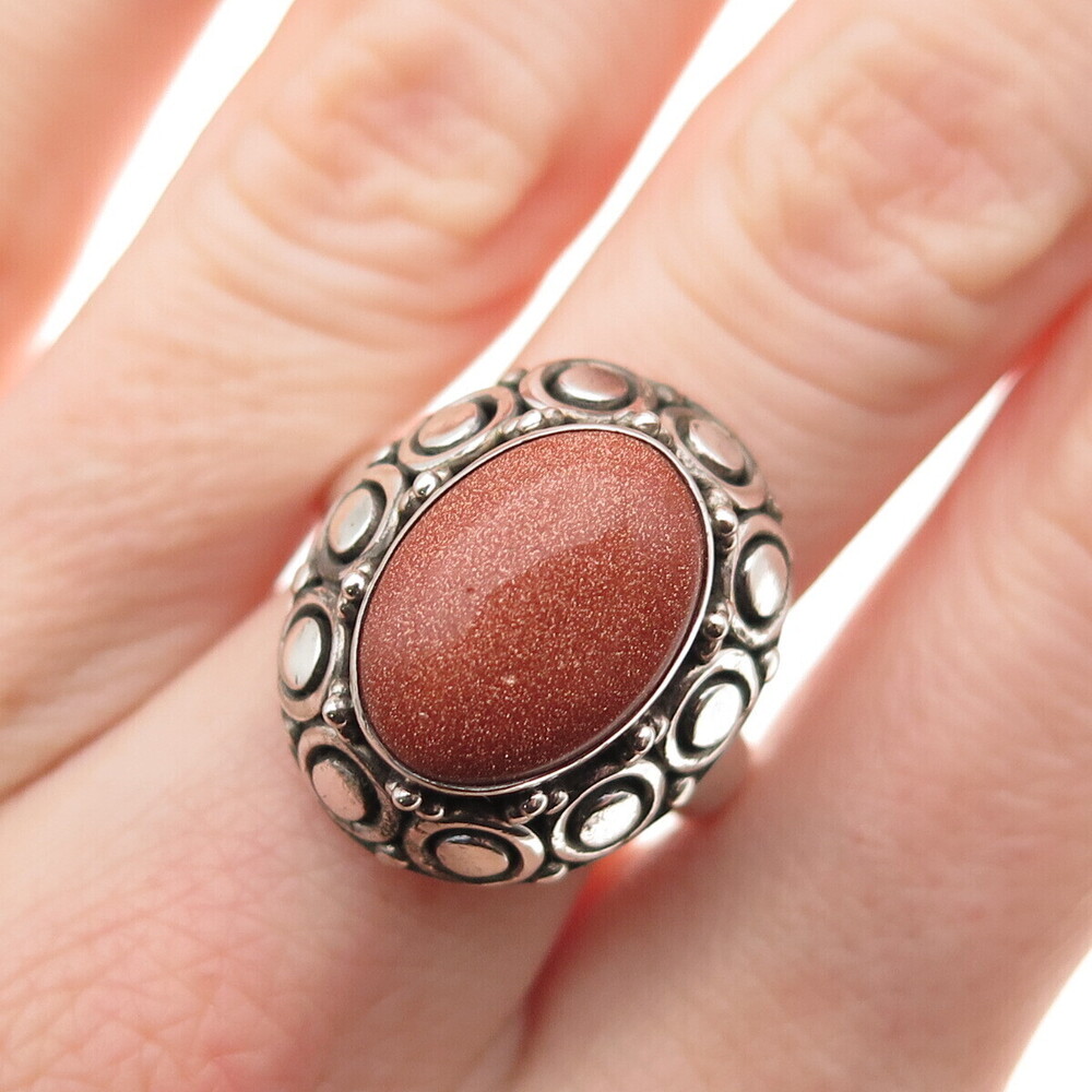 Suarti Bali Sterling Silver Vintage Real Goldstone Dotted Oxidized Ring Size 7